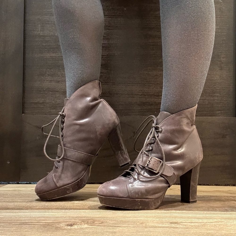 SEYCHELLES Brown Leather Under Construction Victorian Lace Up Heeled Ankle Boots